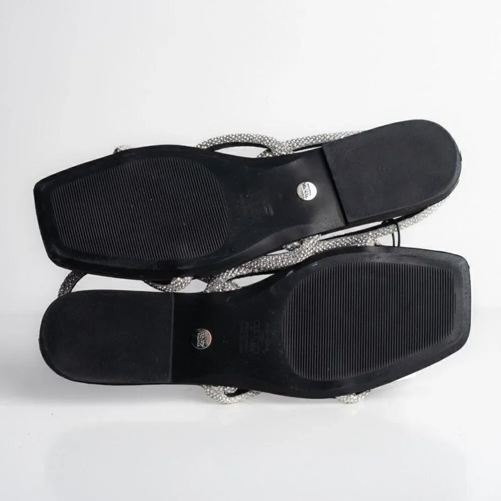 Zara Womens Black Strappy Rhinestone Slingback Flat Sandals Sz US 7.5 EU 38 - Picture 10 of 10